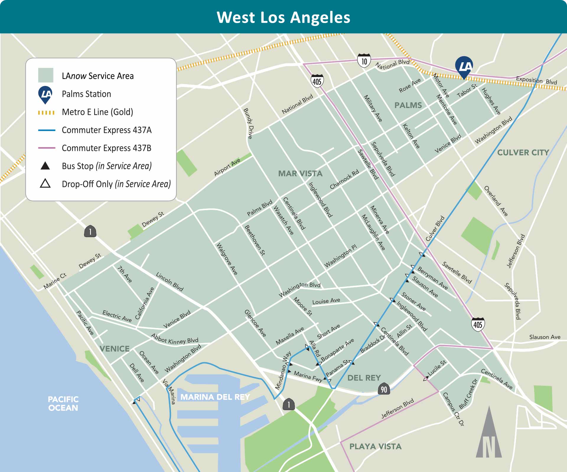 map of LAnow West LA Area service and stop locations