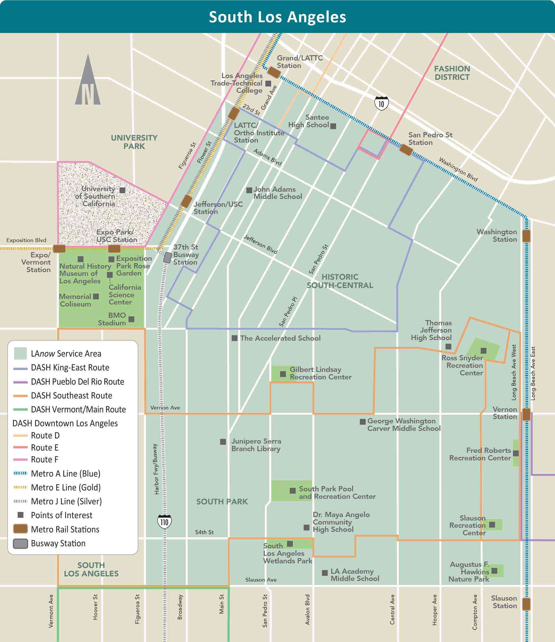map of LAnow South LA Area service and stop locations