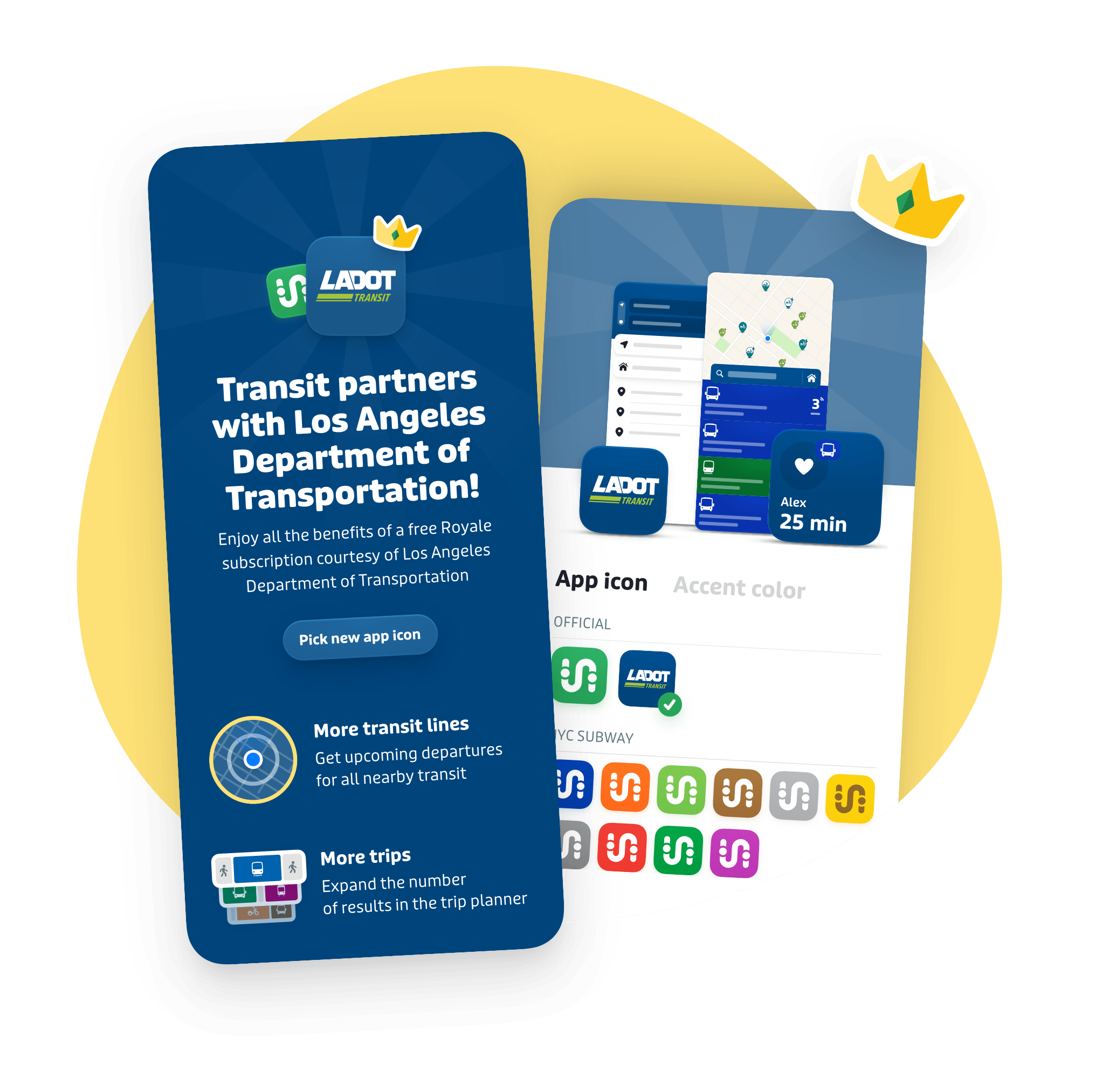 Graphics showing the app customizations and benefits available with the Transit App Royale upgrade provided to LADOT riders
